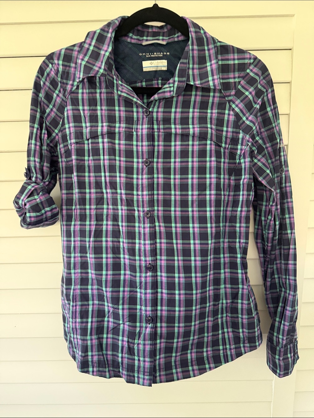 Columbia Navy and Purple Plaid Button-Down Shirt